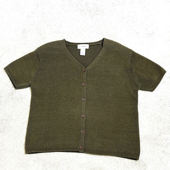 Rena Rowan Cardigan Sweater Large Green Button Front Short Sleeve Knit Vintage - Picture 3 of 6